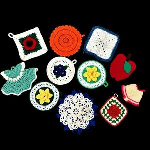 Vintage Hand Crochet Pot Holders Hot Pads Trivets Lot of 11 Country Grandma Core